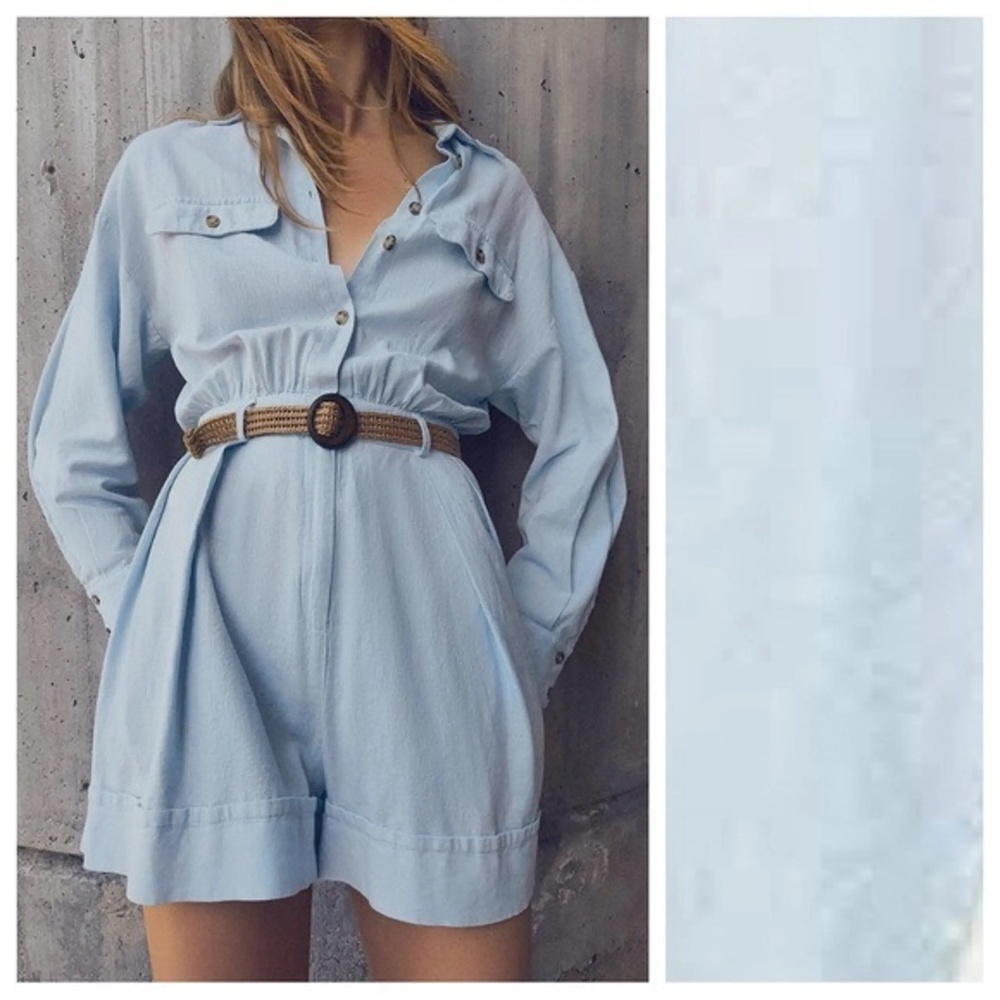Zara Light Blue Linen Blend Belted romper - size small - Picture 1 of 10